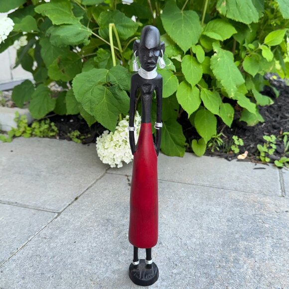 African Wood Statuette Art Figurine Tribal Hand Carved Tall Skinny Metal Jewelry - Picture 4 of 7
